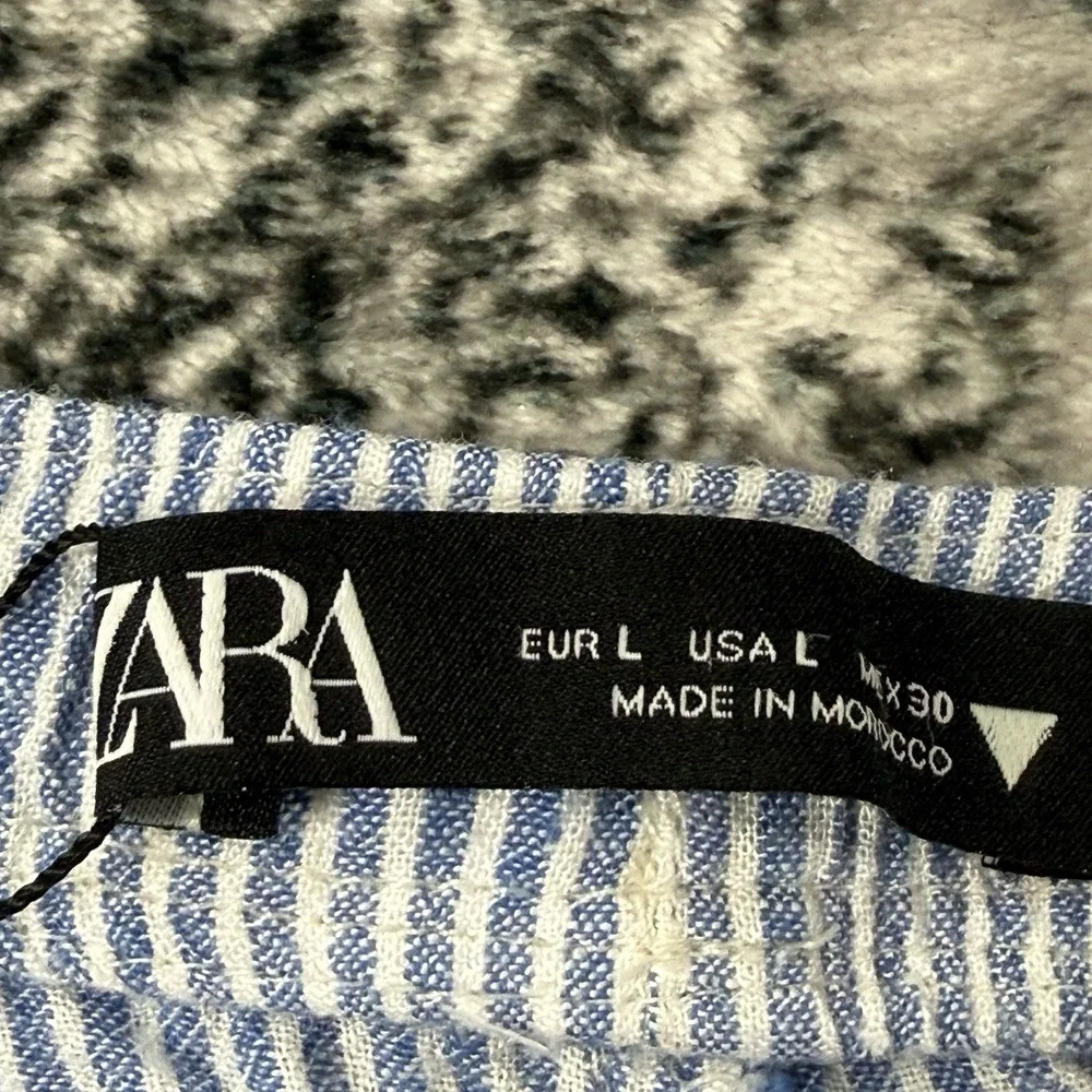 Zara Pants Womens Size L Blue‎ White Stripes Wide Leg Linen Blend Stretch Waist